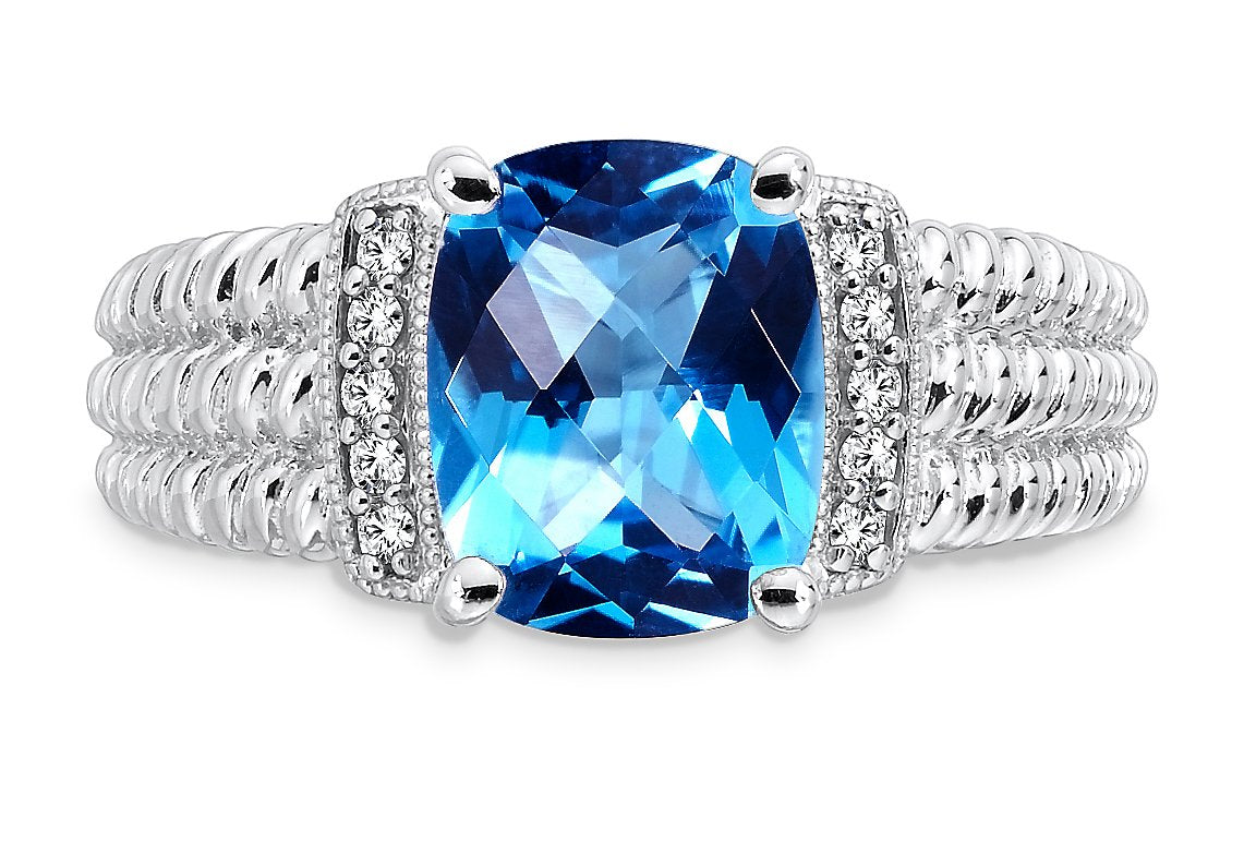 Colore Sterling Silver Cushion Cut Blue Topaz And Diamond Fashion Ring