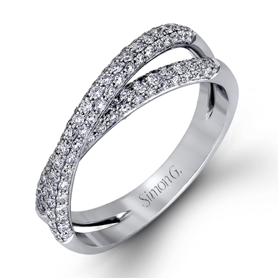 Simon G. 18K White Gold Micro Pave Double Row Cross Over Diamond Band