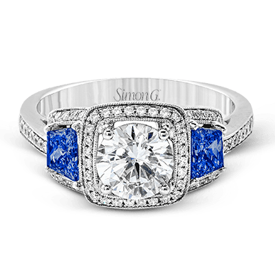 18K White Gold Diamond Engagement Ring with Side Sapphire Accents by Simon G. Jewelry