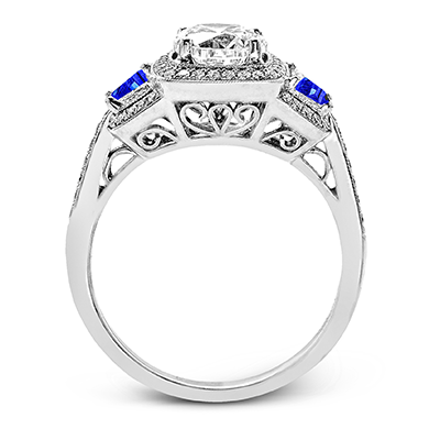 18K White Gold Diamond Engagement Ring with Side Sapphire Accents by Simon G. Jewelry