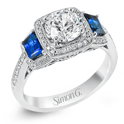 18K White Gold Diamond Engagement Ring with Side Sapphire Accents by Simon G. Jewelry