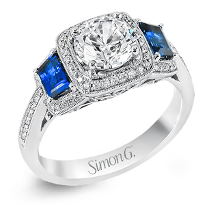 18K White Gold Diamond Engagement Ring with Side Sapphire Accents by Simon G. Jewelry