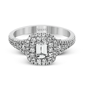Simon G. 18K White Gold Diamond Emerald Cut & Pave Set Double Halo Engagement Ring