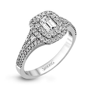 Simon G. 18K White Gold Diamond Emerald Cut & Pave Set Double Halo Engagement Ring