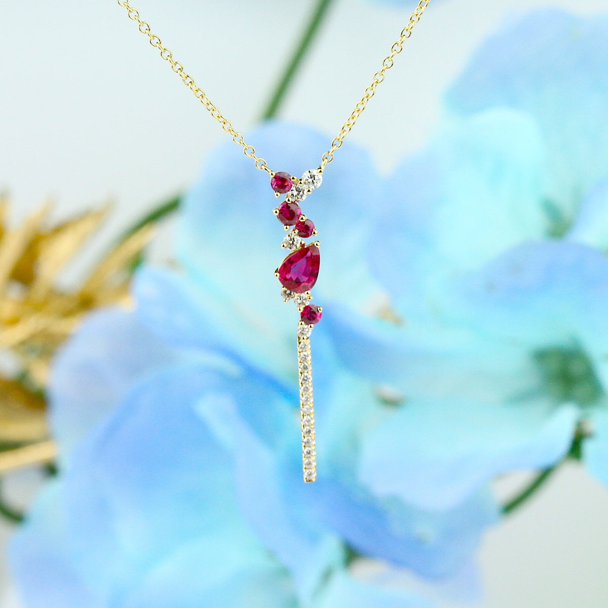 14K Yellow Gold Ruby & Diamond Drop Necklace