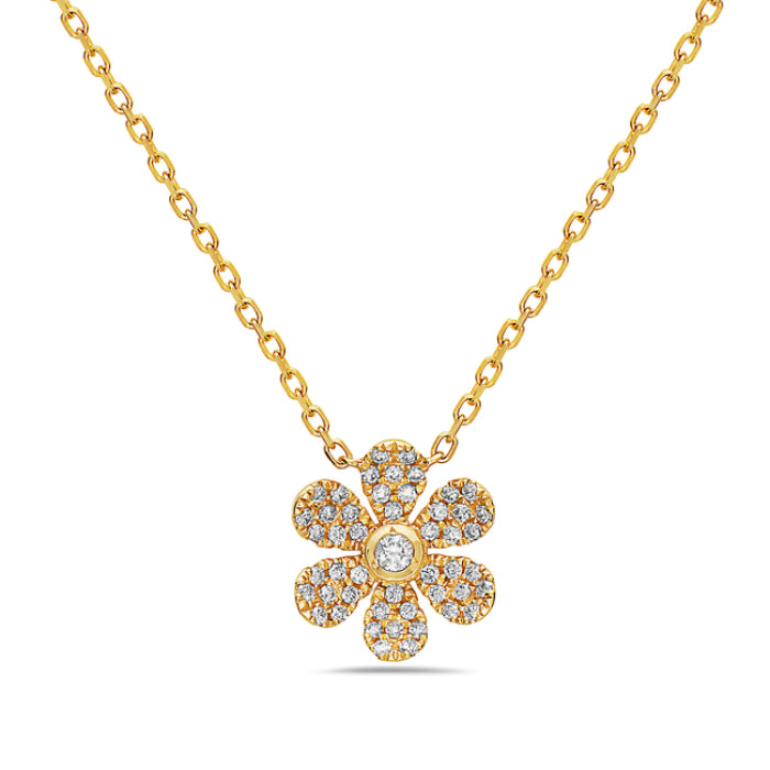 14K Yellow Gold Diamond Pave Flower Necklace