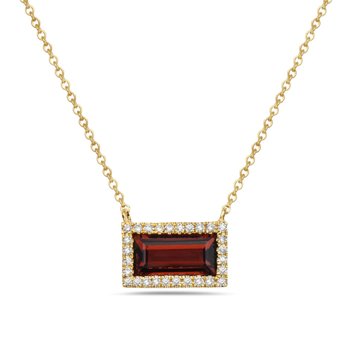 14K Yellow Gold Garnet & Diamond Emerald Cut Halo Necklace