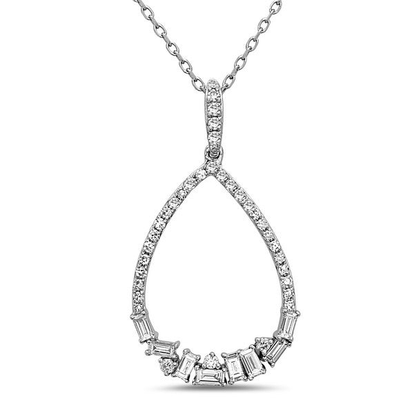 14K White Gold Diamond Pear Shape Necklace with Round & Baguette Cut Diamonds; .41ct Total Diamond Weight