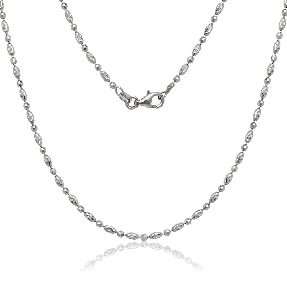 Sterling Silver Diamond Cut Oval Moon Bead Rhodium Plated Necklace