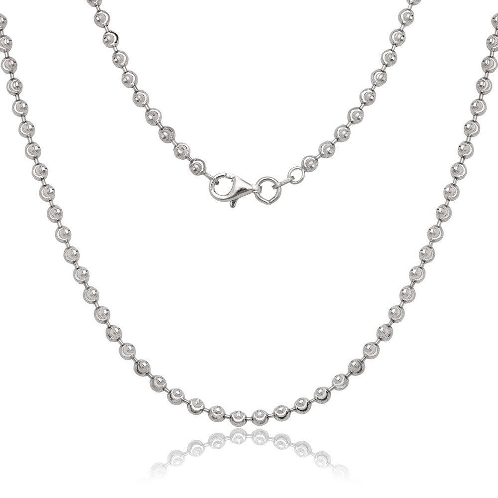 Sterling Silver 3mm Diamond Cut Moon Bead Necklace With Rhodium Plated