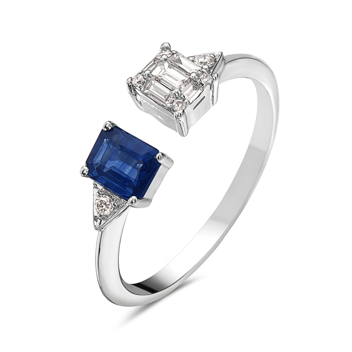 14K White Gold Open Cuff Sapphire & Diamond Ring