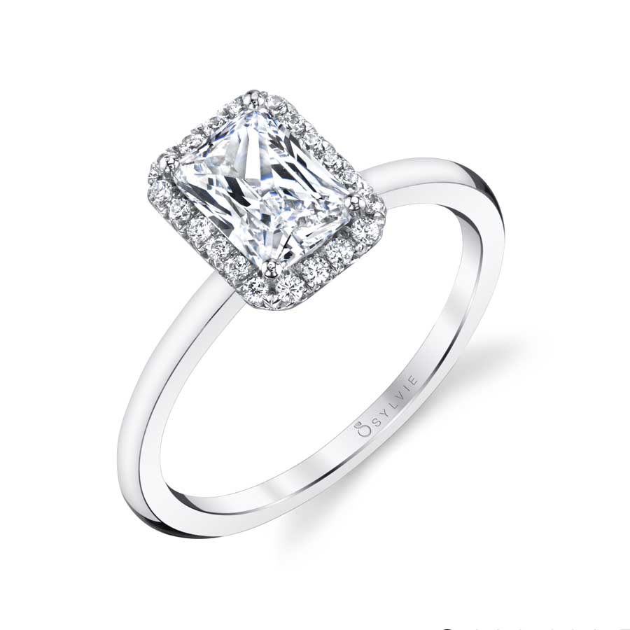Sylvie 14K White Gold "Elsie" Classic Diamond Emerald Cut Halo Engagement Ring