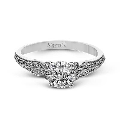 18K White Gold Diamond Vintage Scroll Design Engagement Ring by Simon G. Jewelry