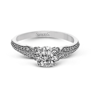 18K White Gold Diamond Vintage Scroll Design Engagement Ring by Simon G. Jewelry