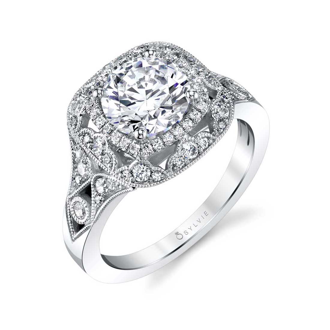 Sylvie 14K White Gold Vintage Inspired Engagement "Jade" Ring