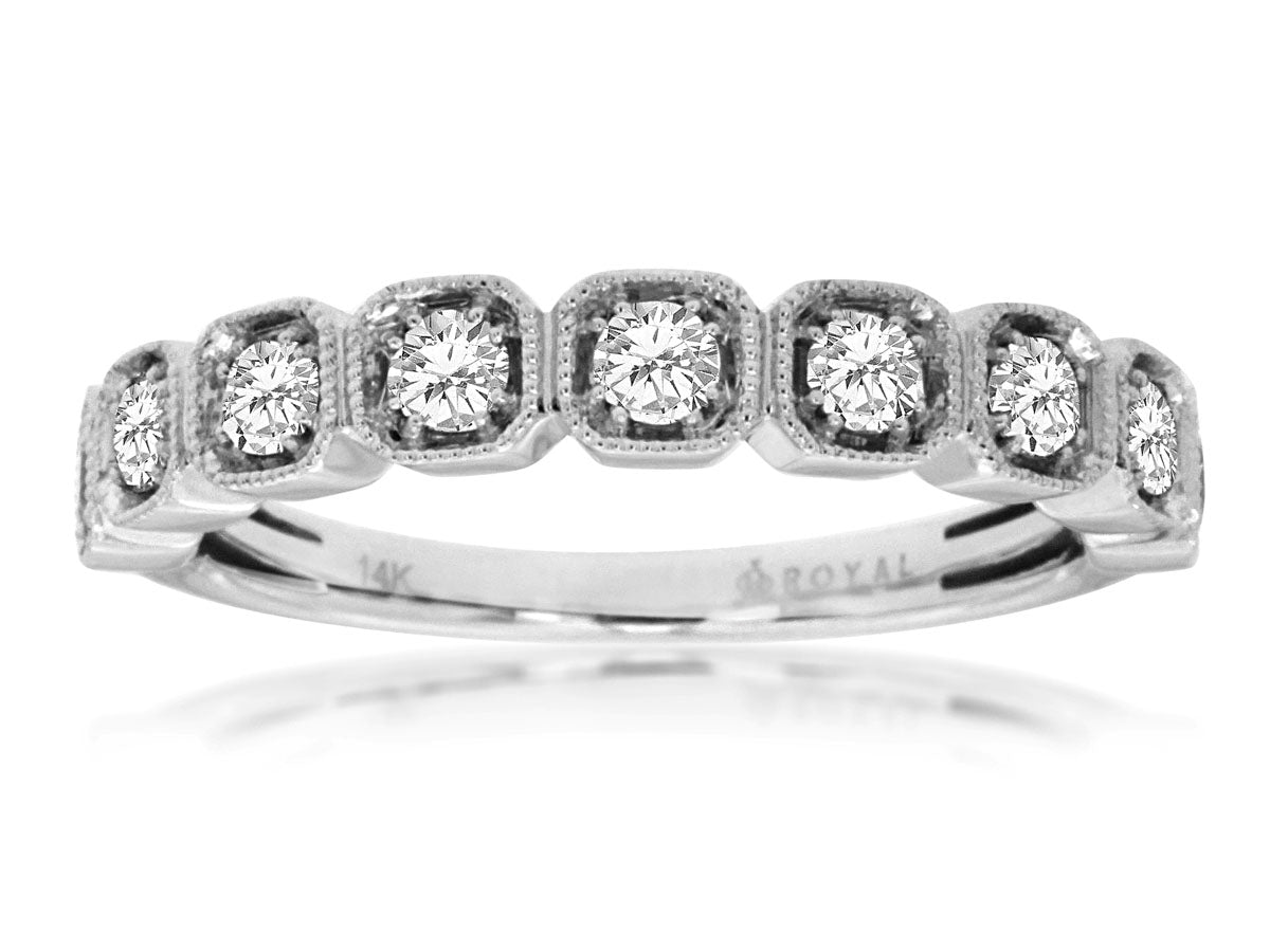 14K White Gold Diamond Ring with Square Milgrain Design