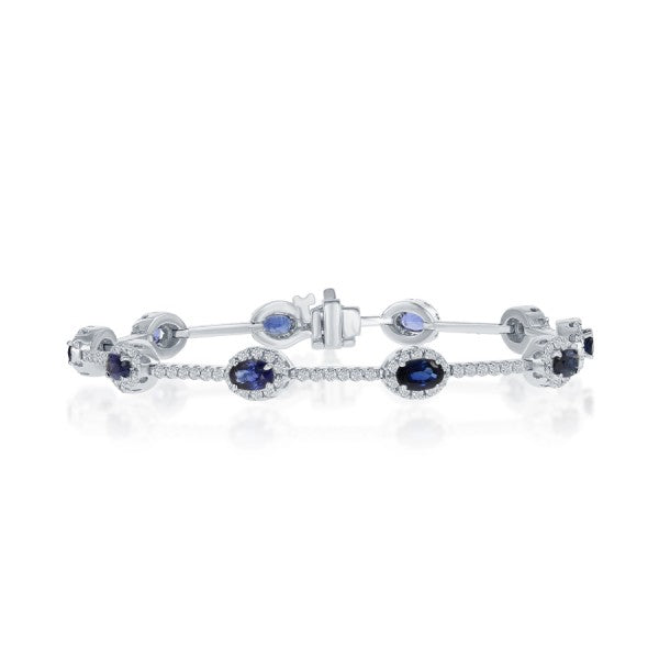 14K White Gold Oval Sapphire & Diamond Tennis Bracelet