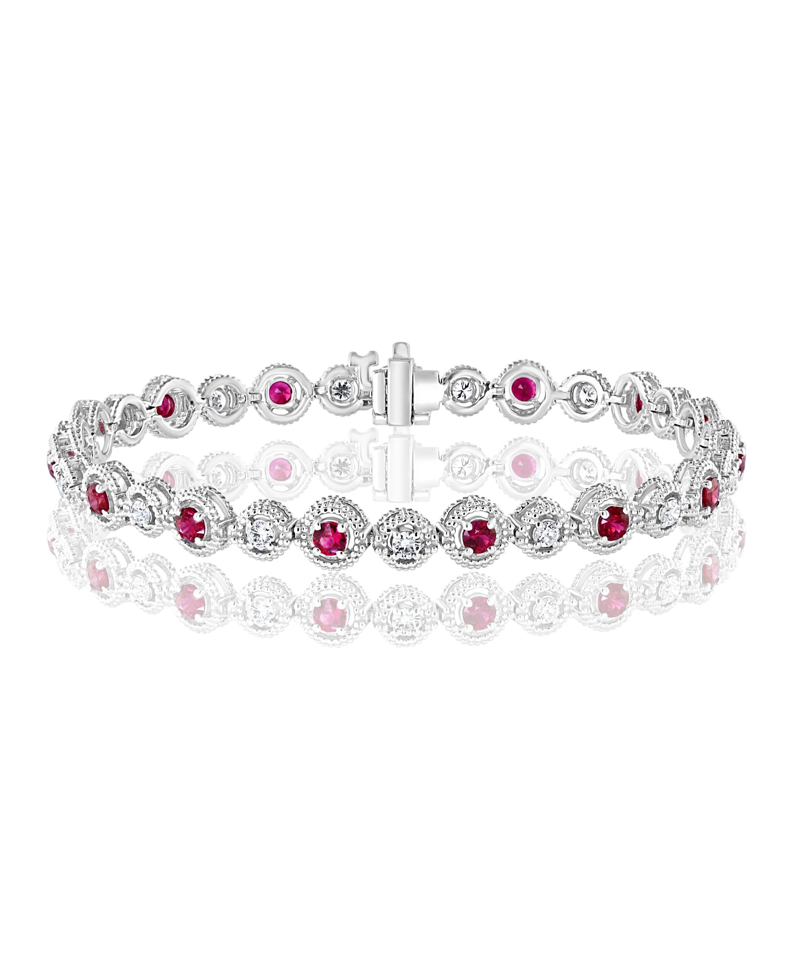 14K White Gold Ruby & Diamond Alternating Halo Style Tennis Bracelet
