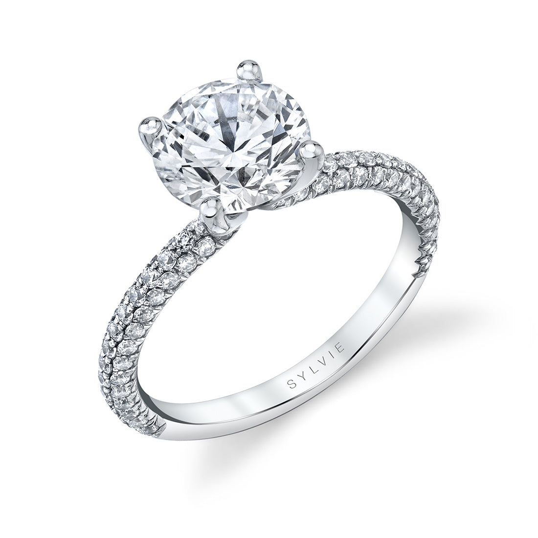Sylvie 14K White Gold "Jayla" Solitaire Engagement Ring with Hidden Halo & Pave Diamond Shank