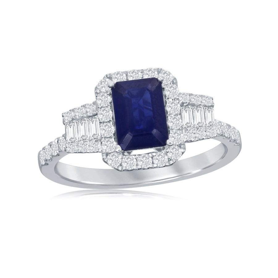 18K White Gold Emerald Shape Sapphire & Diamond Ring