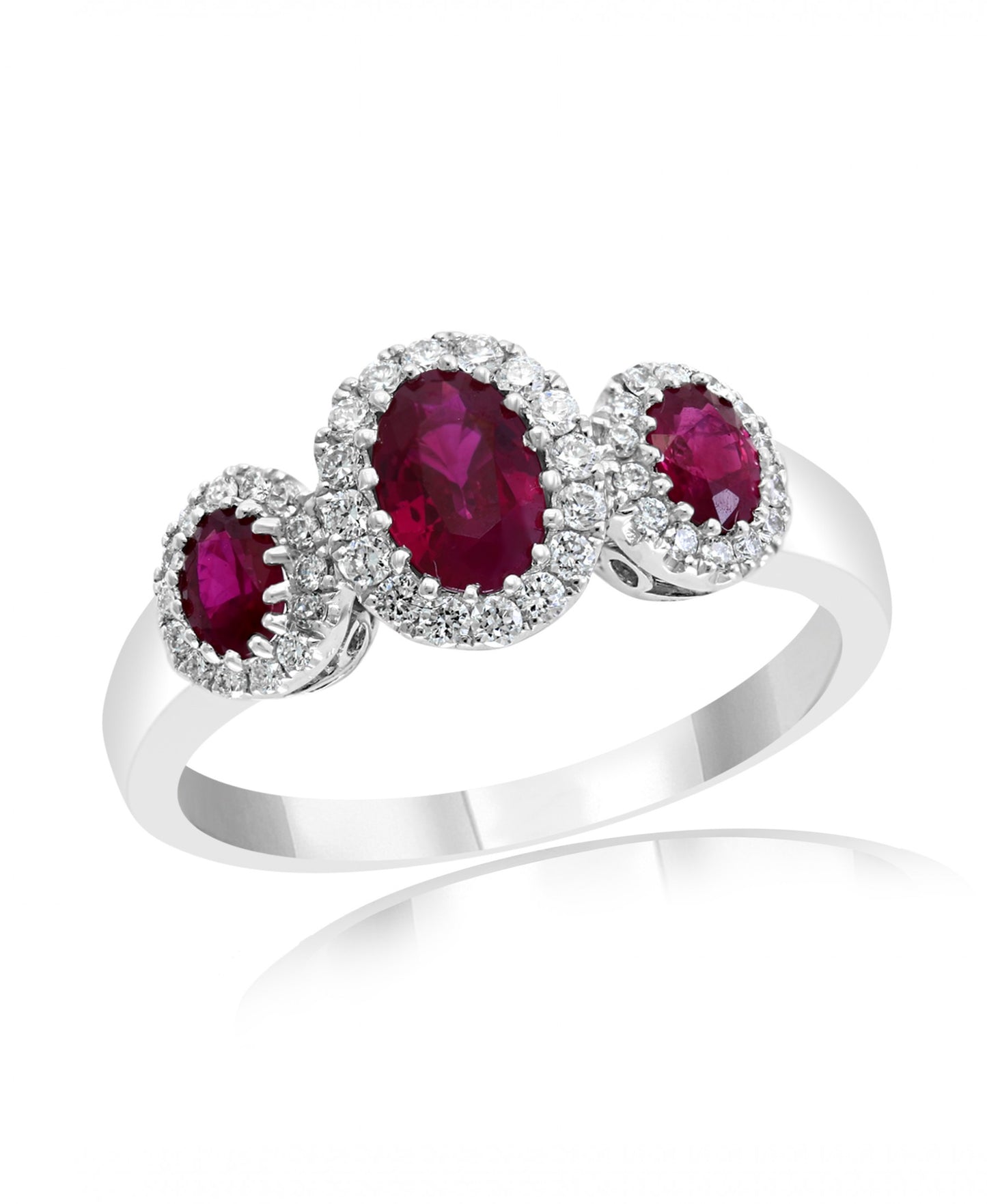 14K White Gold Ruby & Diamond Halo Three Stone Ring