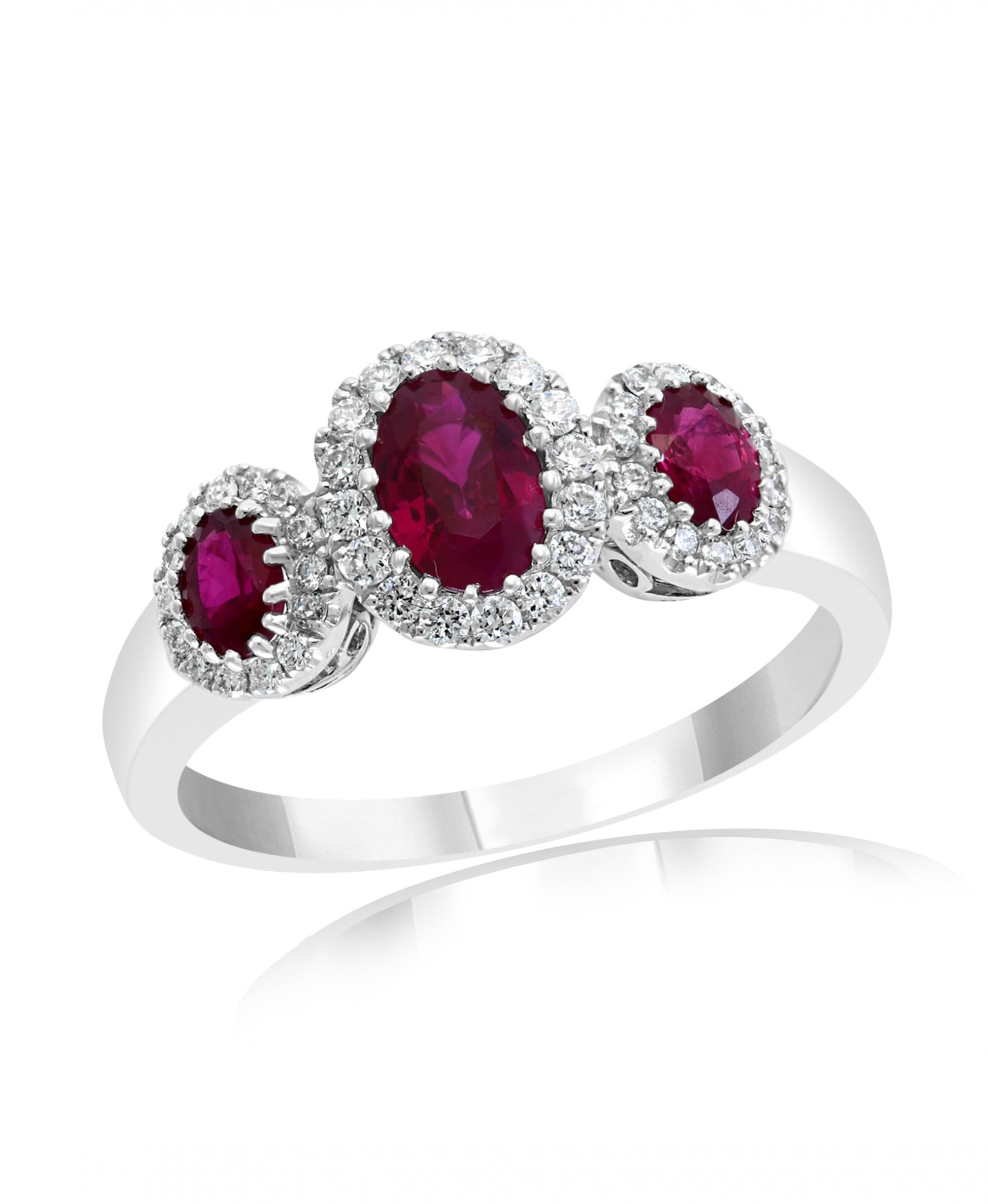 14K White Gold Ruby & Diamond Halo Three Stone Ring