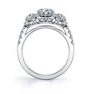 Sylvie 18K White Gold Three Stone Diamond Cushion Halo Engagement Ring