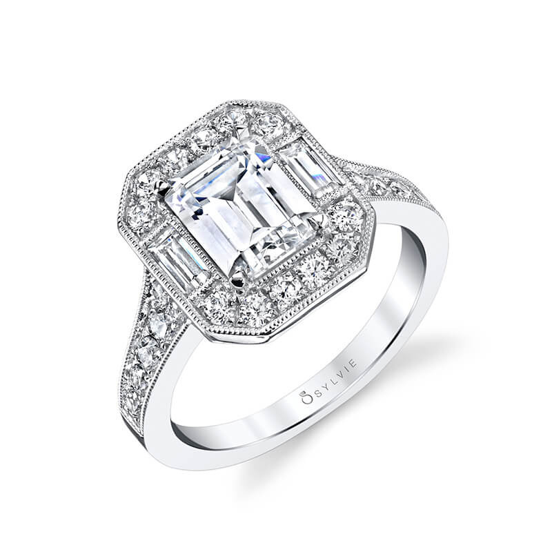 Sylvie "Cassie" Vintage Style Emerald Cut Diamond Engagement Ring - S1387