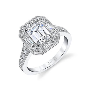 Sylvie 14K White Gold "Cassie" Vintage Style Emerald Cut Diamond Engagement Ring
