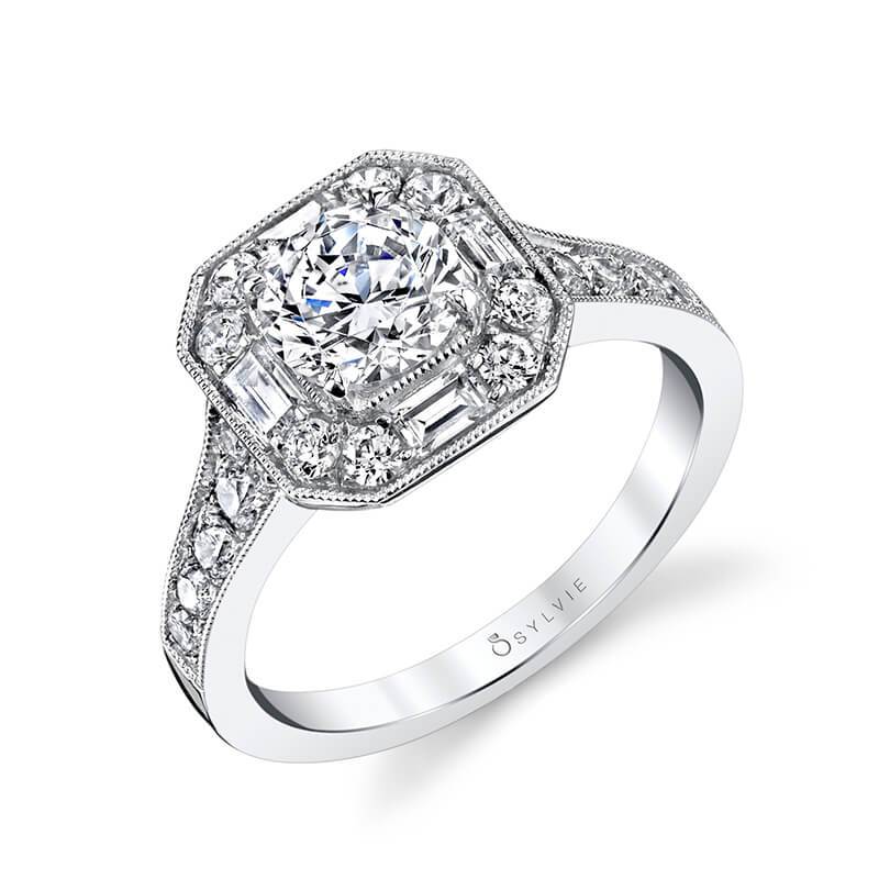 Sylvie 18K White Gold "Flora" Vintage Inspired Diamond Halo Engagement Ring