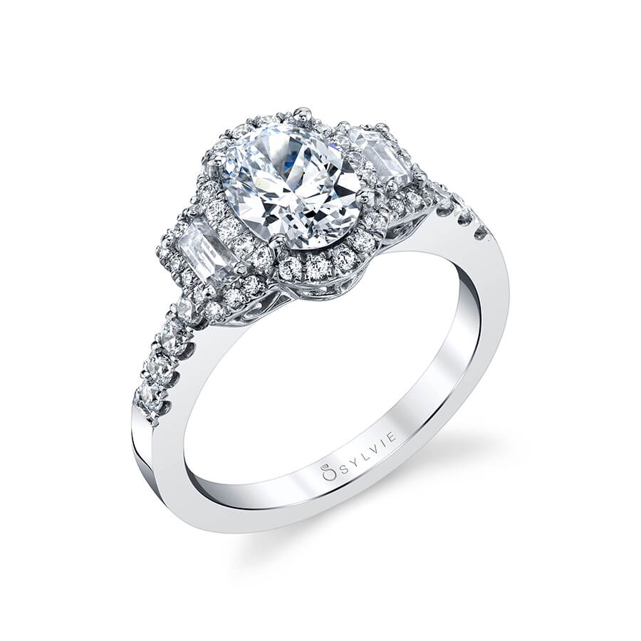 Sylvie 14K White Gold "Paige" Three Stone Oval Cut Halo Engagement Ring - S1596S