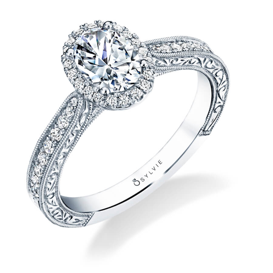 Sylvie 14K White Gold Vintage Style Oval Diamond Halo Engagement Ring