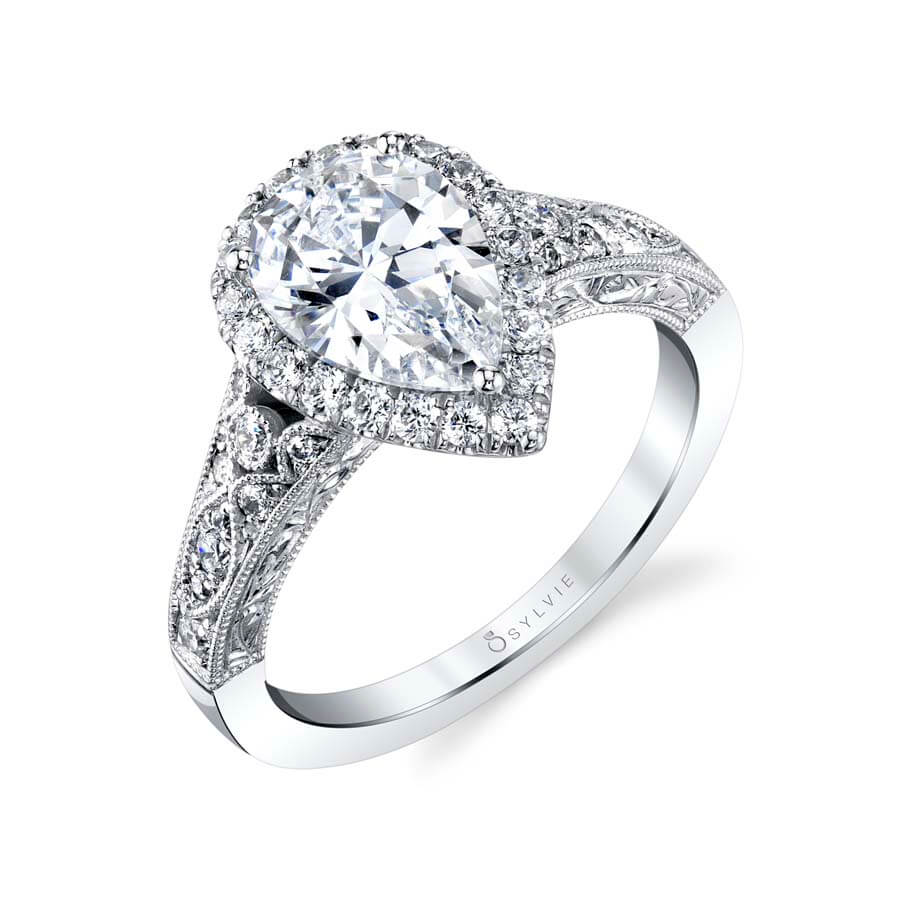 Sylvie "Seraphina" 14k White Gold Diamond Pear Shape Halo Engagement Ring - S1909