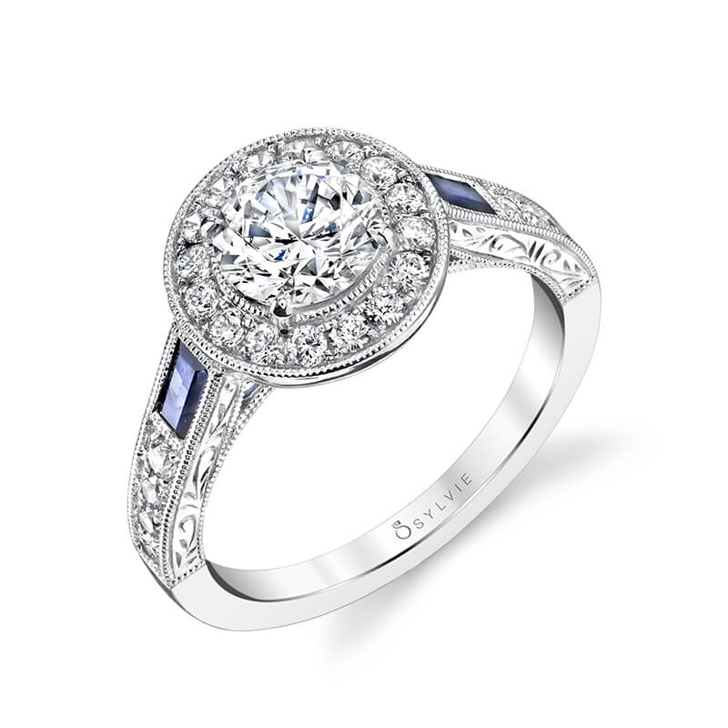 Sylvie 14K White Gold Vintage Style Halo Diamond Engagement Ring