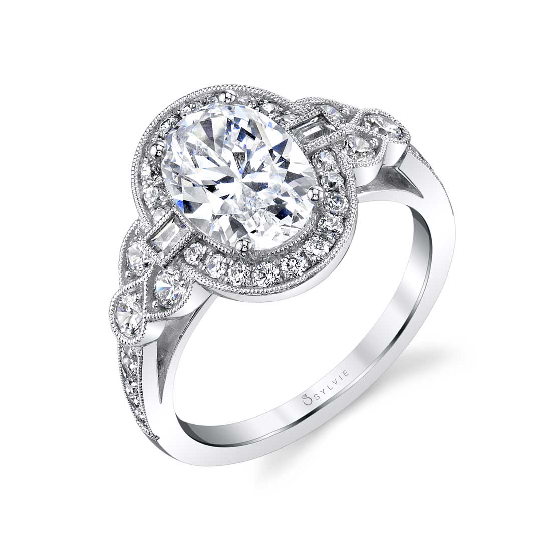 Sylvie "Yvette" 14K White Gold Oval Diamond Vintage Style Halo Engagement Ring - S1873